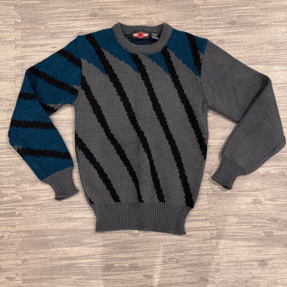 Men's Crewneck Sweater in Gray and Teal with Black Stripe Detail